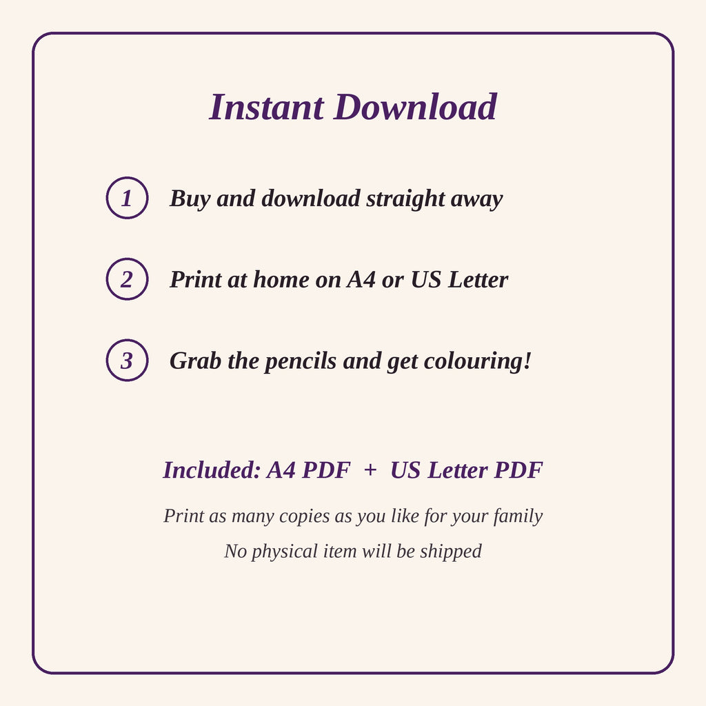 Instant download details: A4 and US Letter PDFs included, print at home as many times as you like