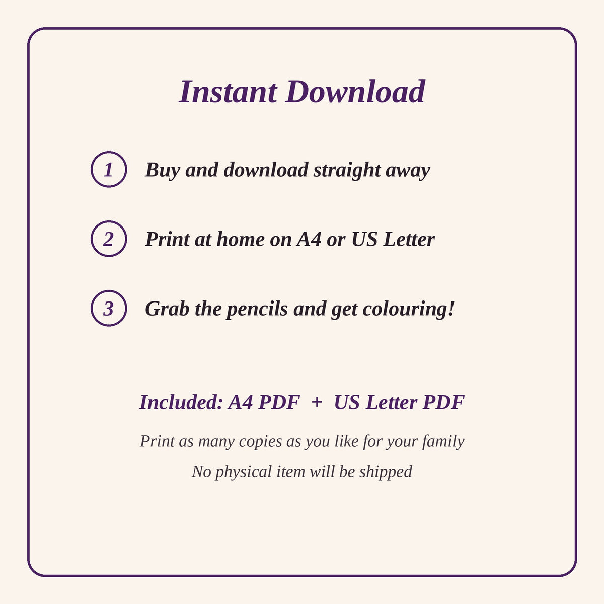 Instant download details: A4 and US Letter PDFs included, print at home as many times as you like