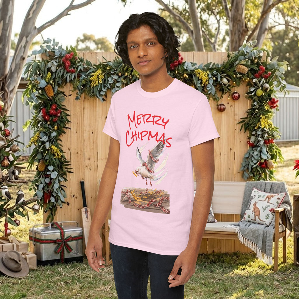 Light pink holiday tee with red “Merry Chipmas” seagull illustration on chest