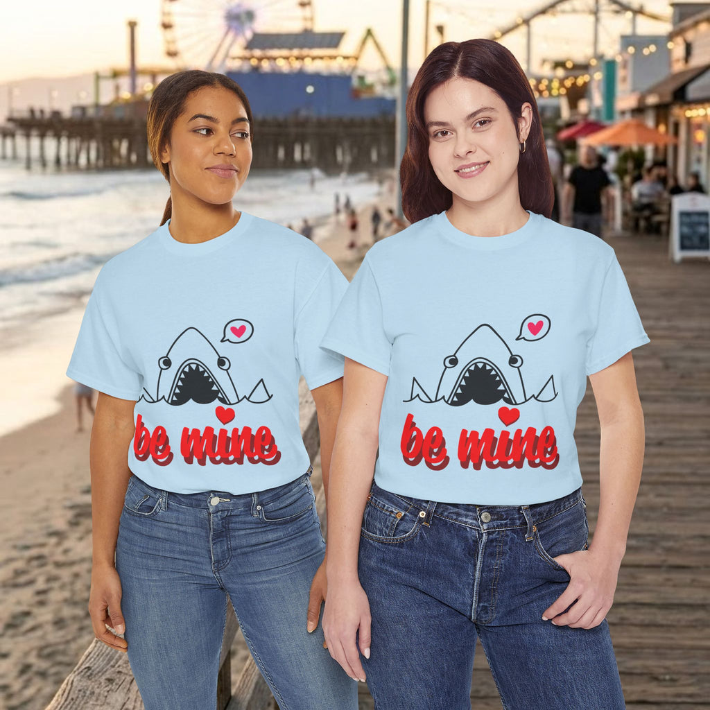Light blue T-shirts with cartoon shark and red “be mine” graphic, crew neck