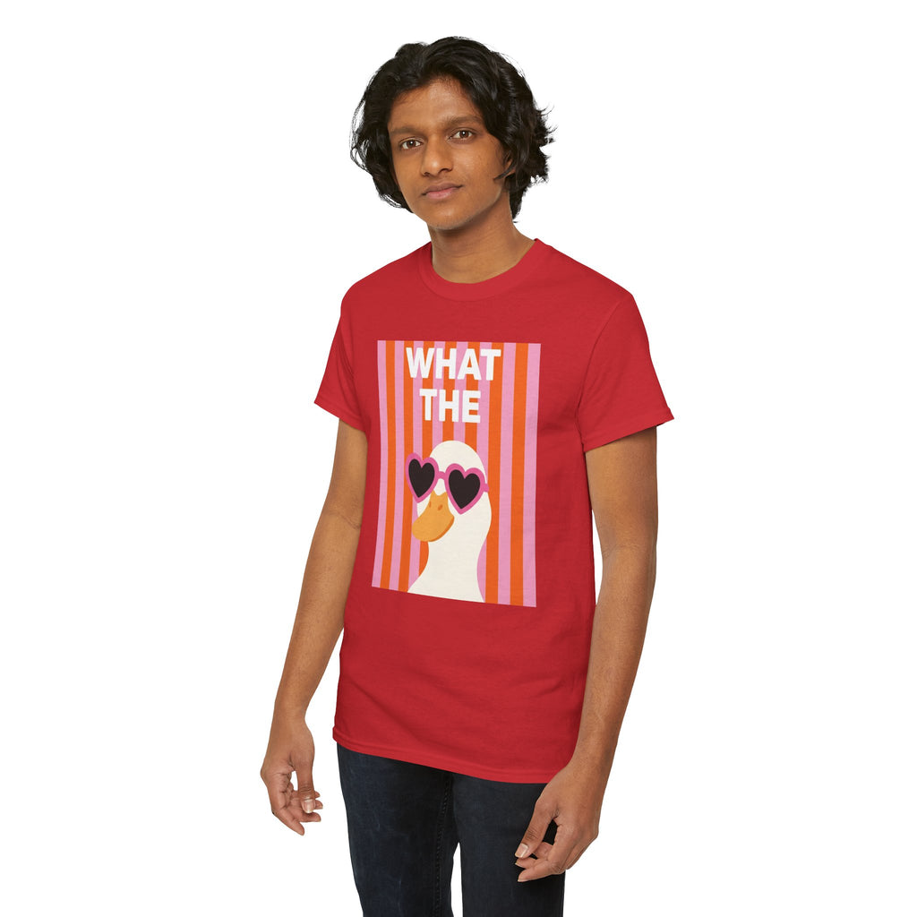 Red cotton graphic tee angled view with duck face, heart sunglasses, and “WHAT THE” text