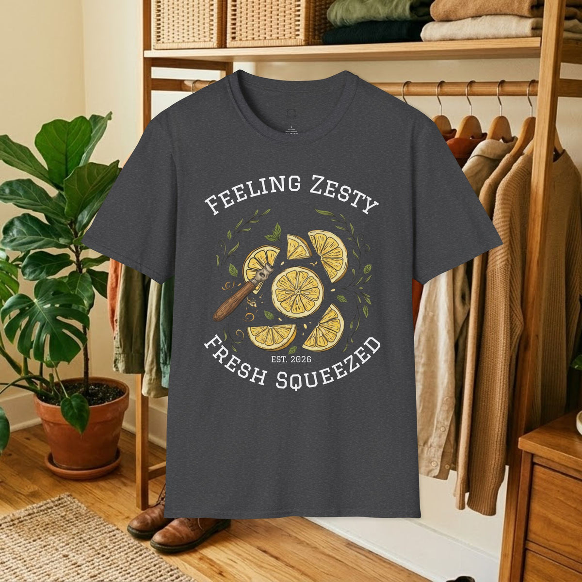 Citrus graphic tee in dark heather gray with lemon slice illustration and “Fresh Squeezed”