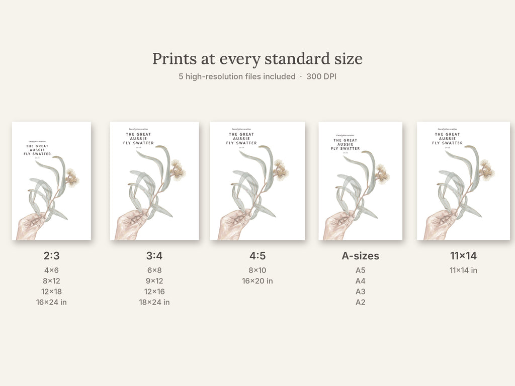 Set of eucalyptus wall art print size previews with hand-and-leaf botanical artwork