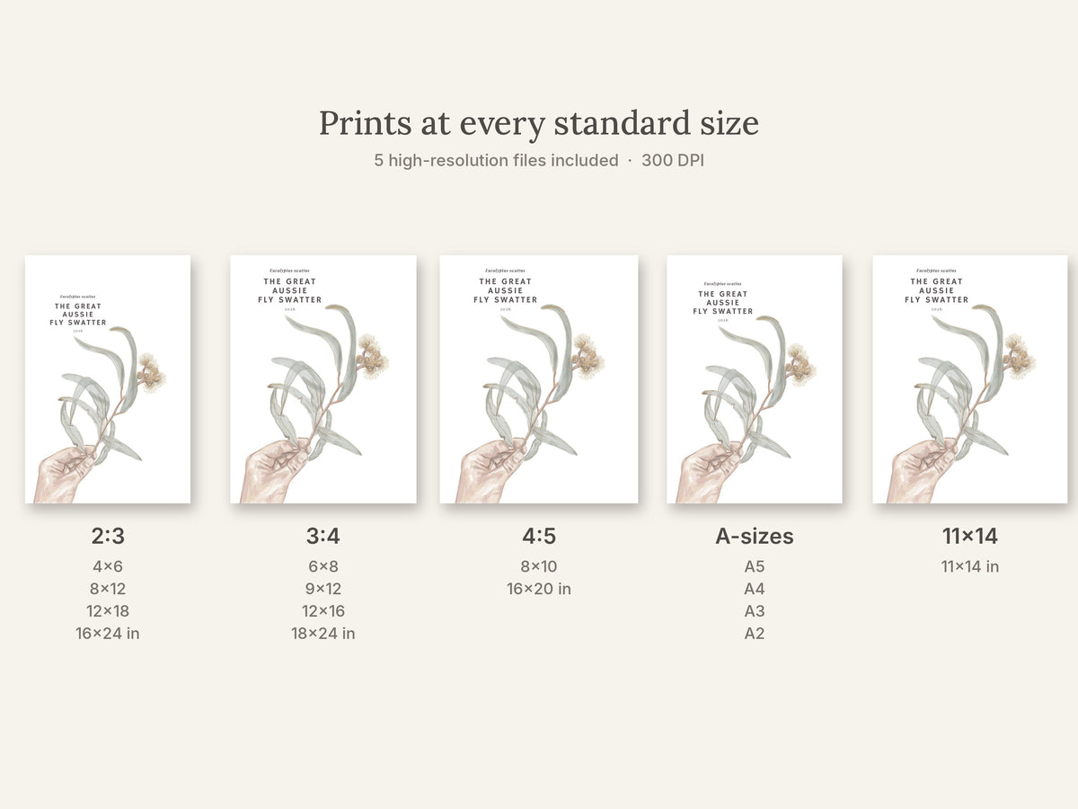 Set of eucalyptus wall art print size previews with hand-and-leaf botanical artwork