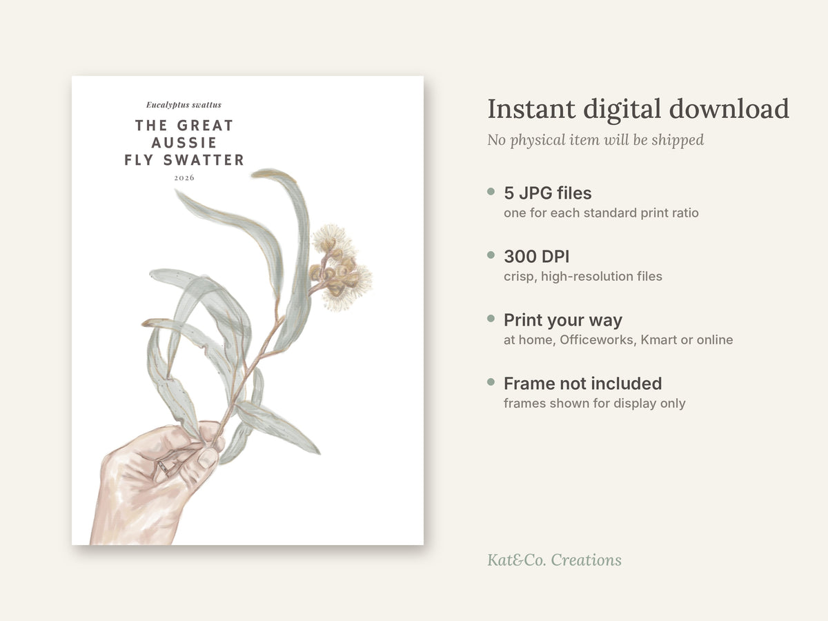 Printable eucalyptus wall art print: botanical leaves, flowers, and a hand hold