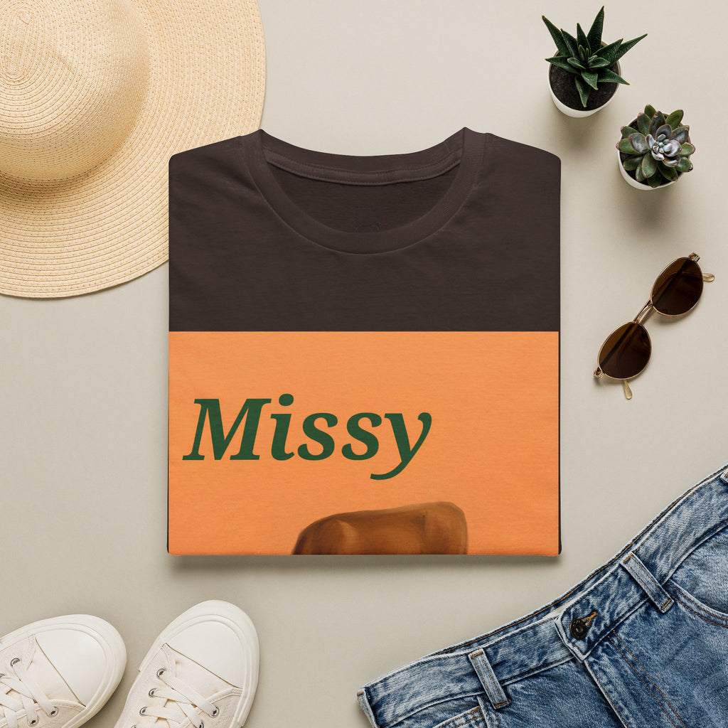 Dark brown crewneck T-shirt with orange cow graphic panel