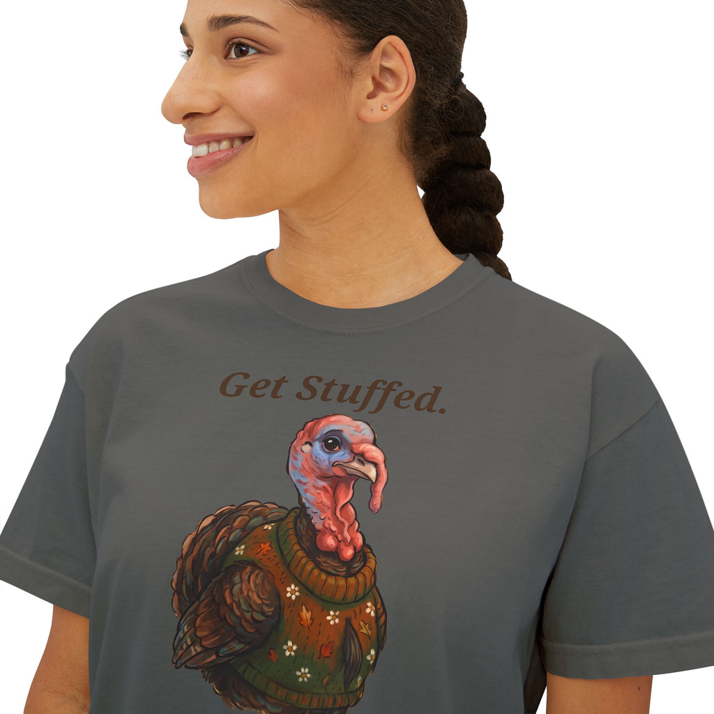 Dark gray crewneck T-shirt with "Get Stuffed." turkey graphic, close-up.