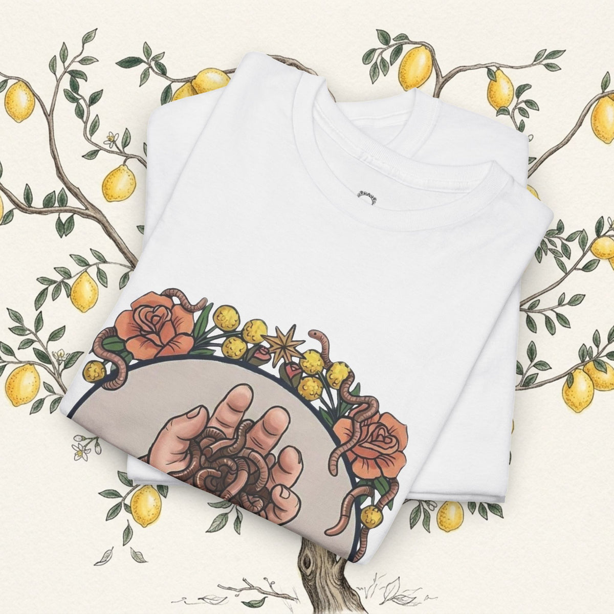 White T-shirt with close-up circular tarot hands and flower border graphic
