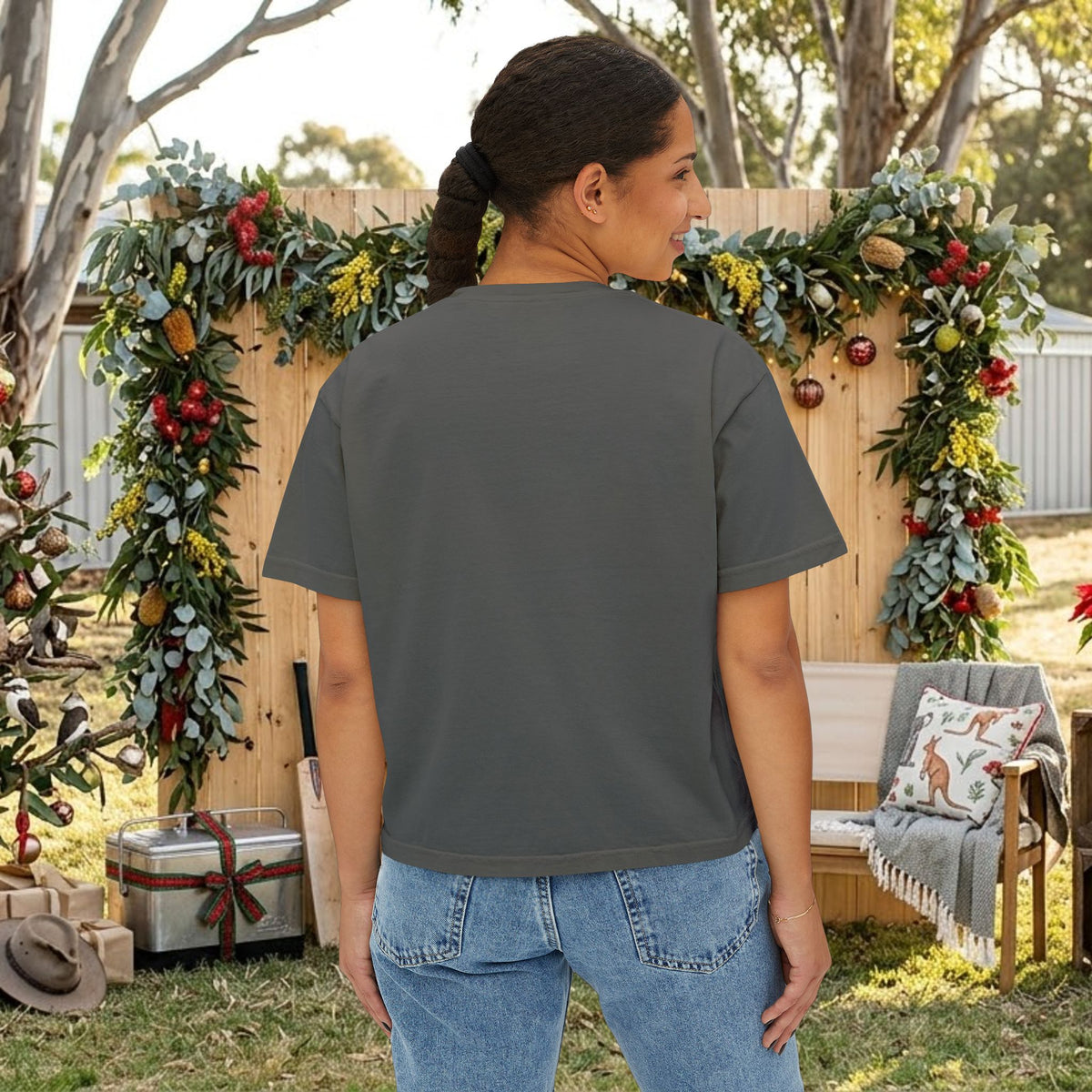 Dark gray crew-neck t-shirt back view with no visible front print
