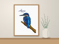 Azure Thing azure kingfisher print in a wooden frame on a sideboard – hand-painted Australian bird wall art by Kat&Co. Creations