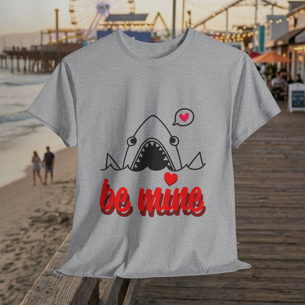 Heather gray t-shirt featuring shark graphic with red "be mine" script and hearts.