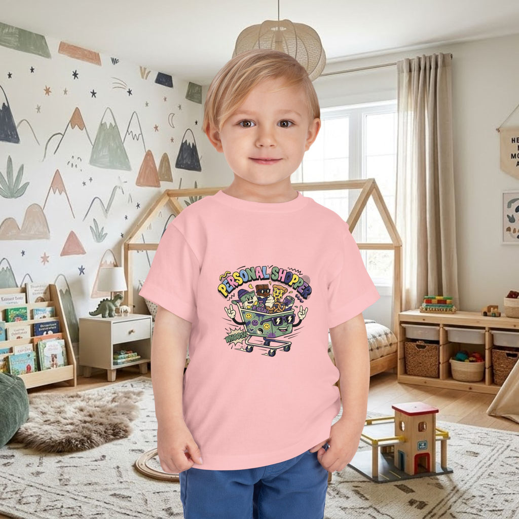 Pink toddler T-shirt with colorful shopping cart graphic on front