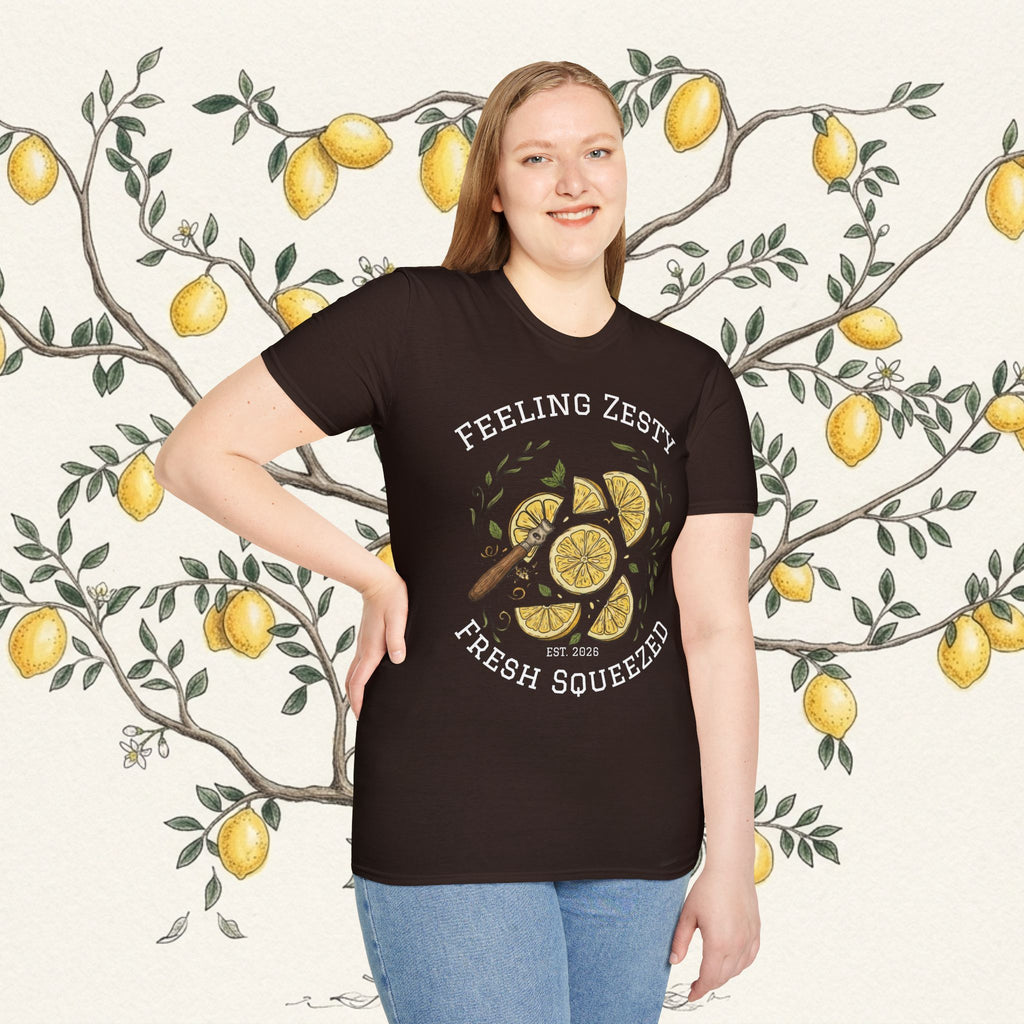 Dark brown graphic t-shirt with lemon slice artwork and 'Fresh Squeezed' text.