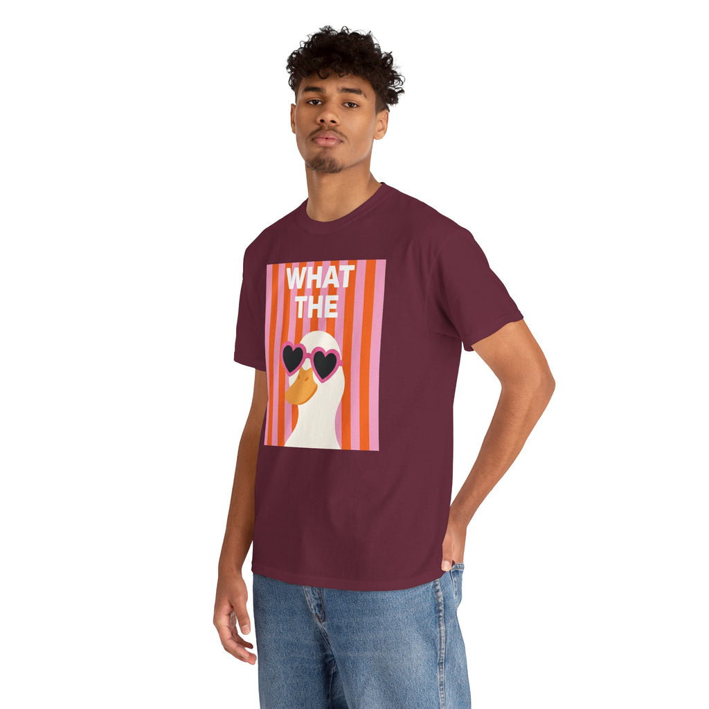 Maroon crewneck t-shirt with retro heart sunglasses graphic panel at center front.