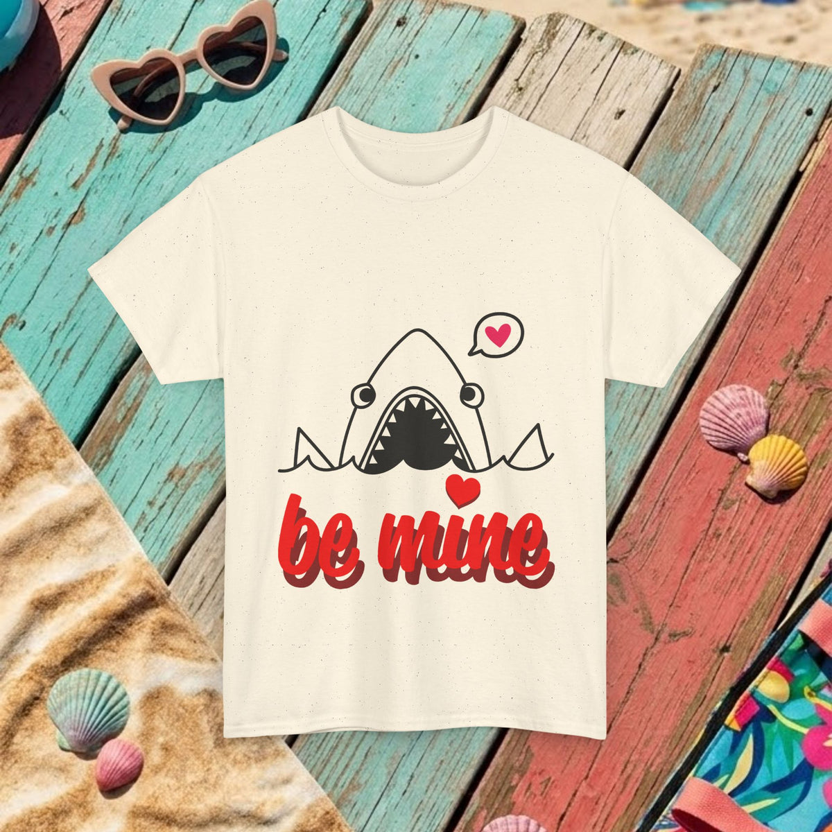 White youth T-shirt with shark graphic and red 'be mine' lettering plus heart icons.