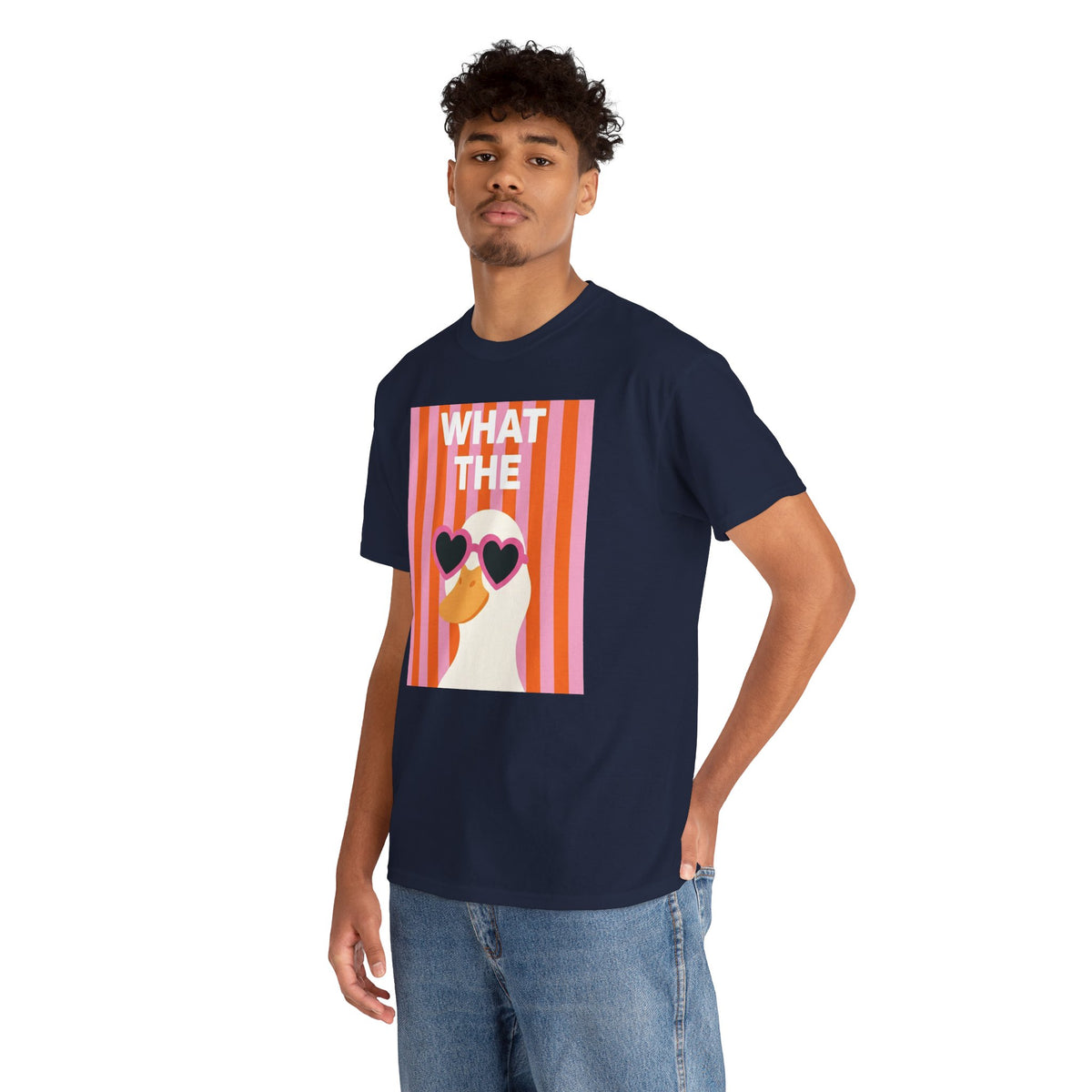 Navy crewneck T-shirt with side view of 'WHAT THE' duck graphic and heart sunglasses