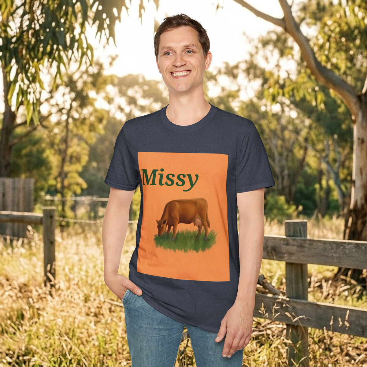 Navy crew-neck T-shirt with orange Missy panel and grazing cow graphic