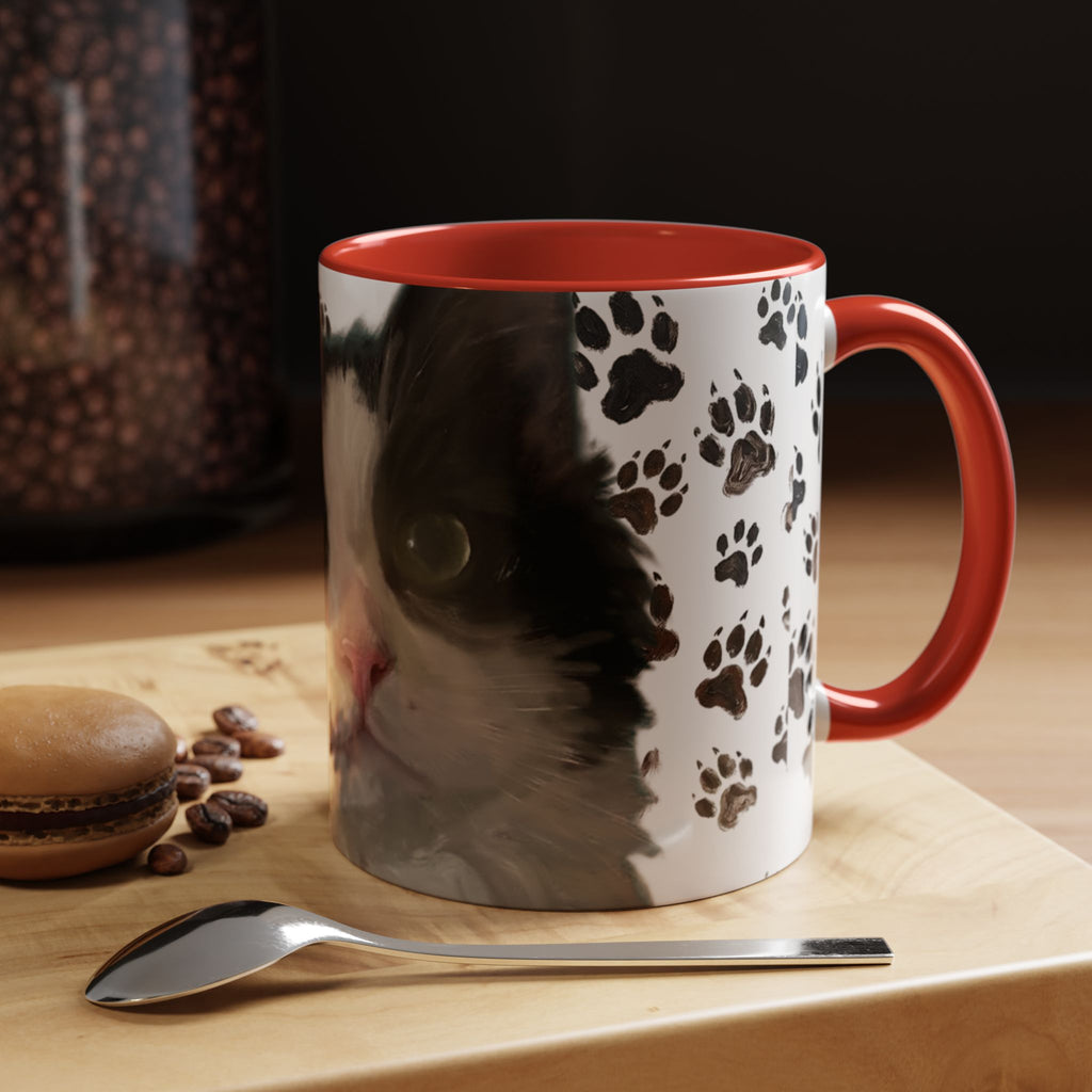 Cat face paw print accent coffee mug, white with black cat art, red handle and rim