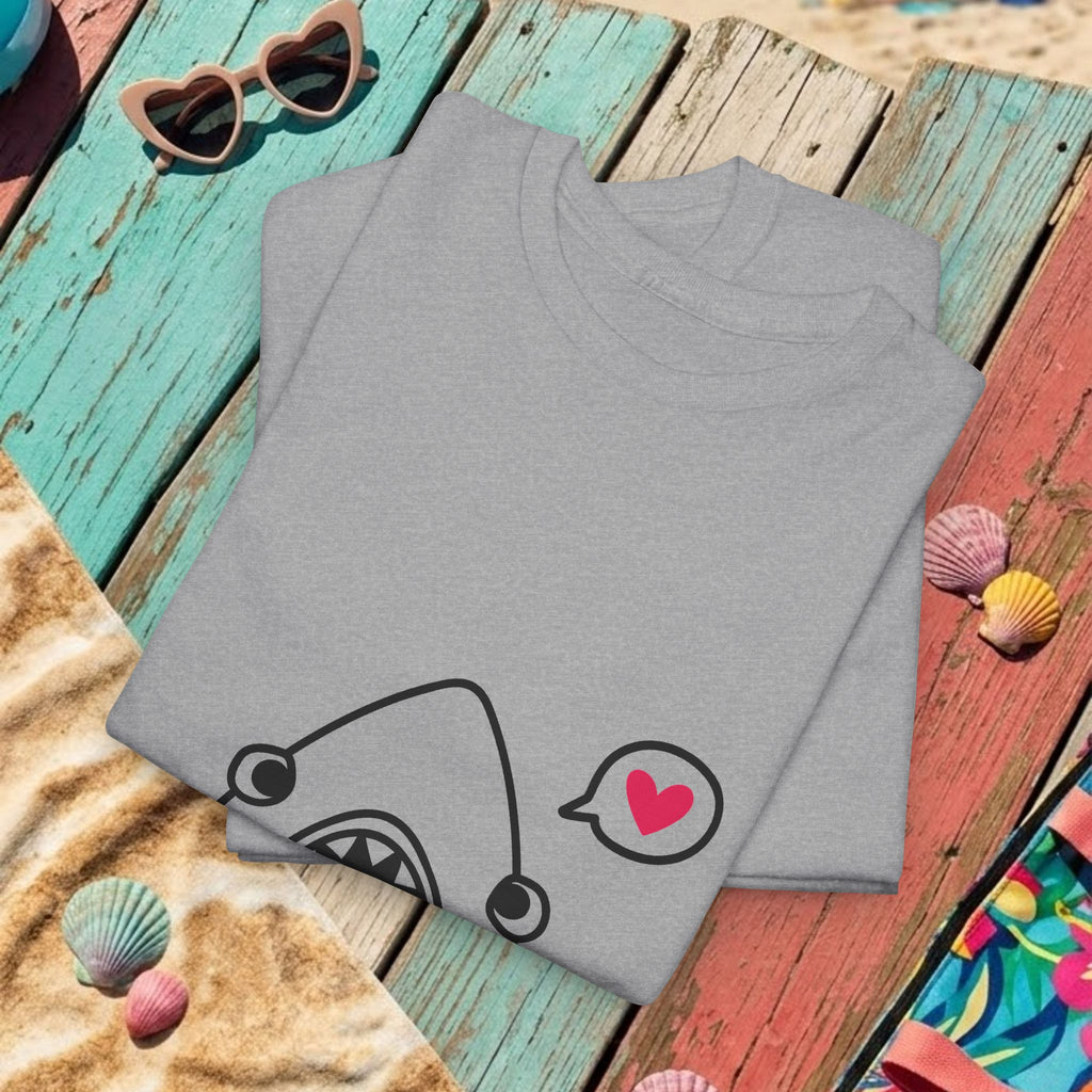 Heather gray t-shirt with shark graphic and heart icon, showing side-neck detail.