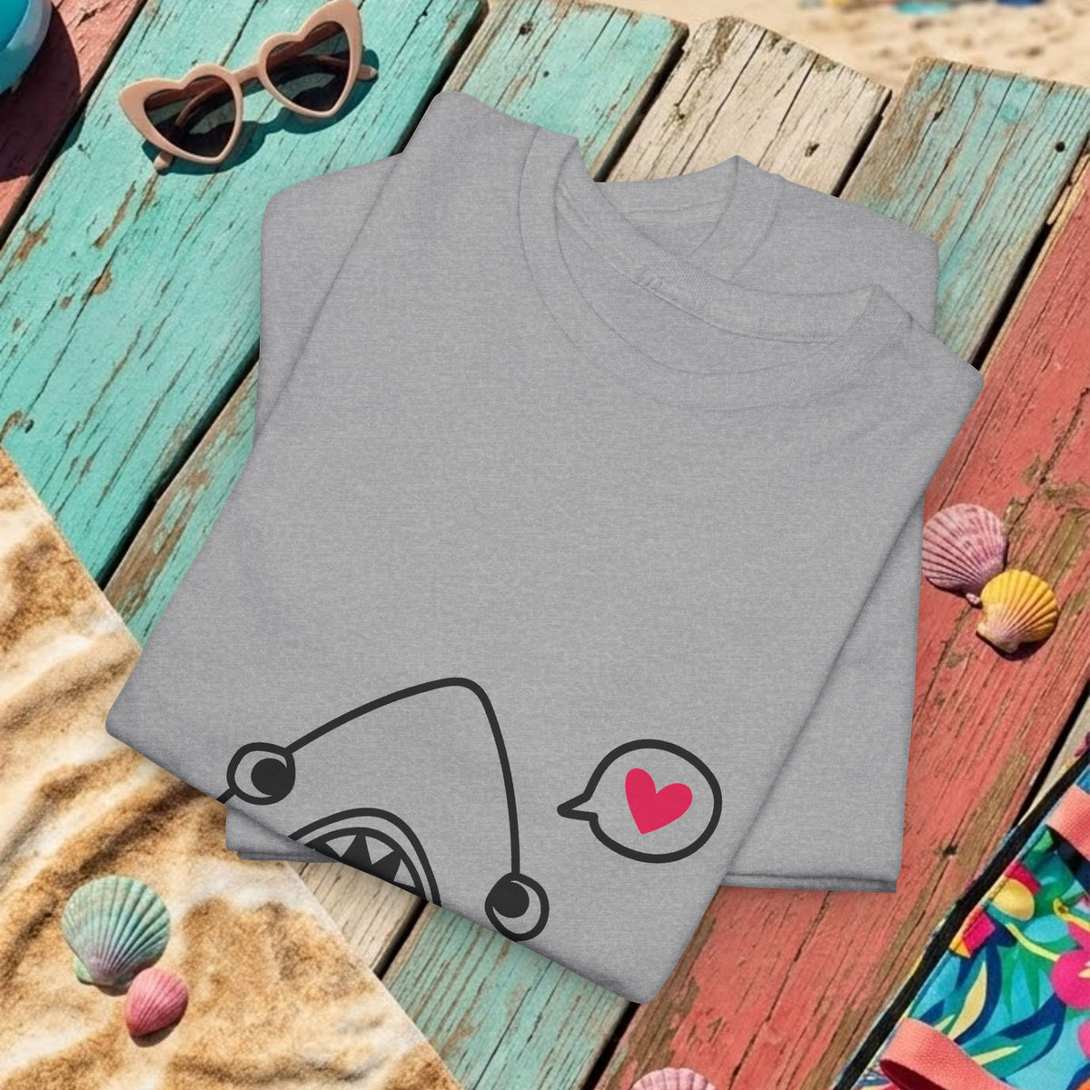 Heather gray t-shirt with shark graphic and heart icon, showing side-neck detail.
