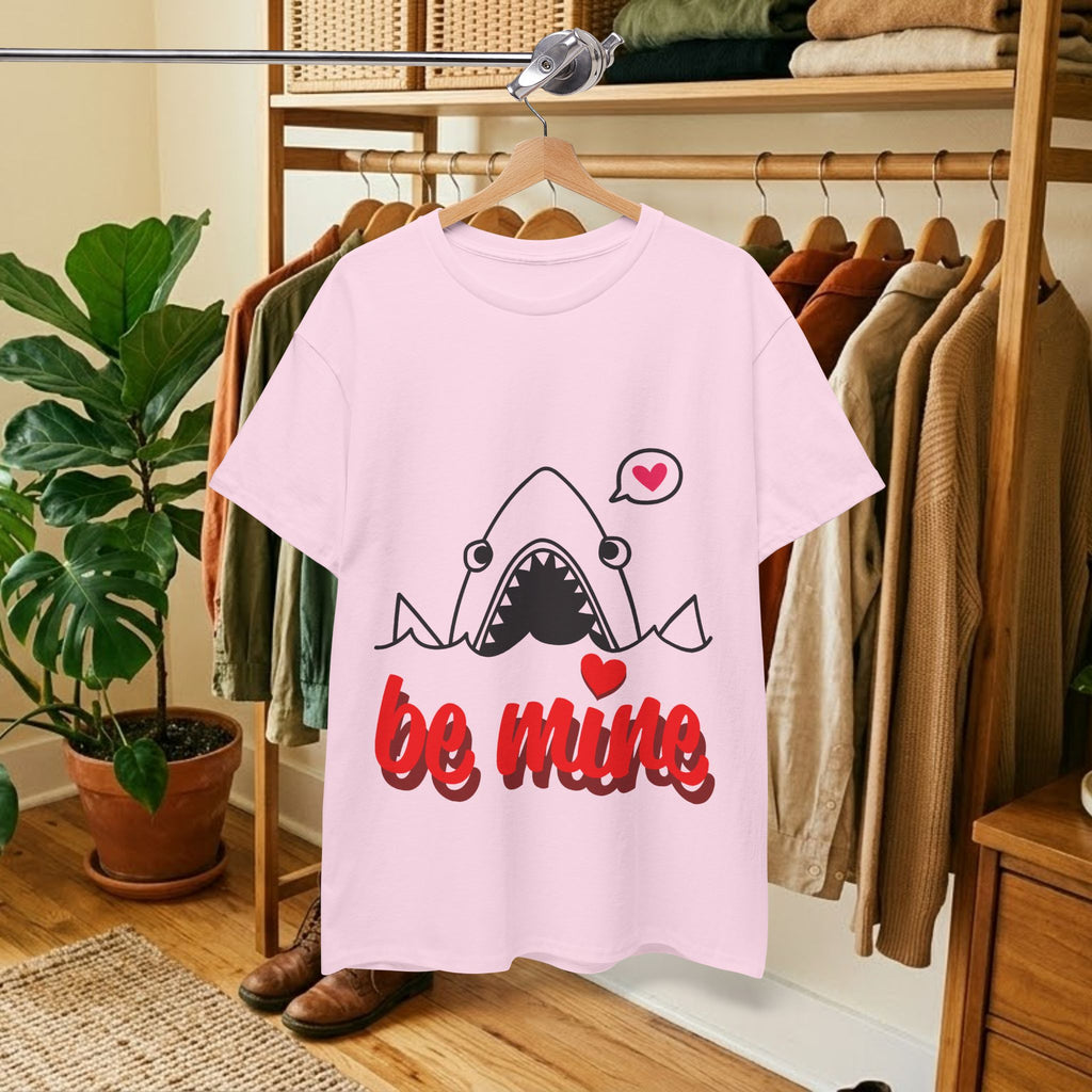 Light pink graphic shark T-shirt with 'be mine' heart text