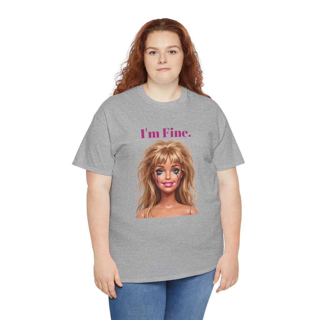 Heather gray crewneck T-shirt with doll face graphic and “I’m Fine.” text center chest