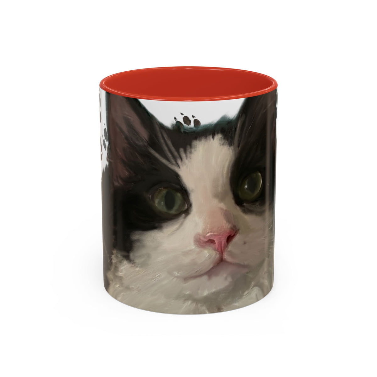 Cat face accent coffee mug with paw print pattern, white body, red interior rim