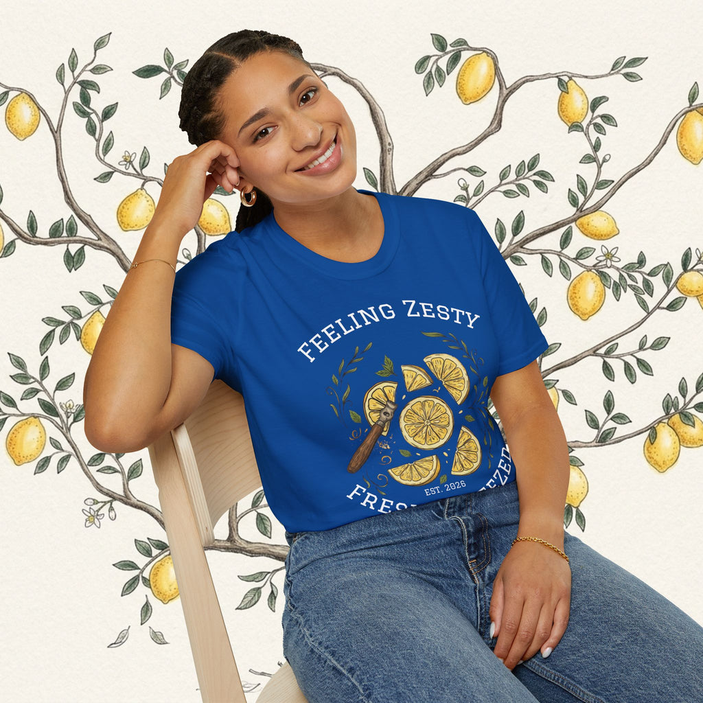 Blue crewneck t-shirt with lemon slice graphic and “FRESH SQUEEZED”