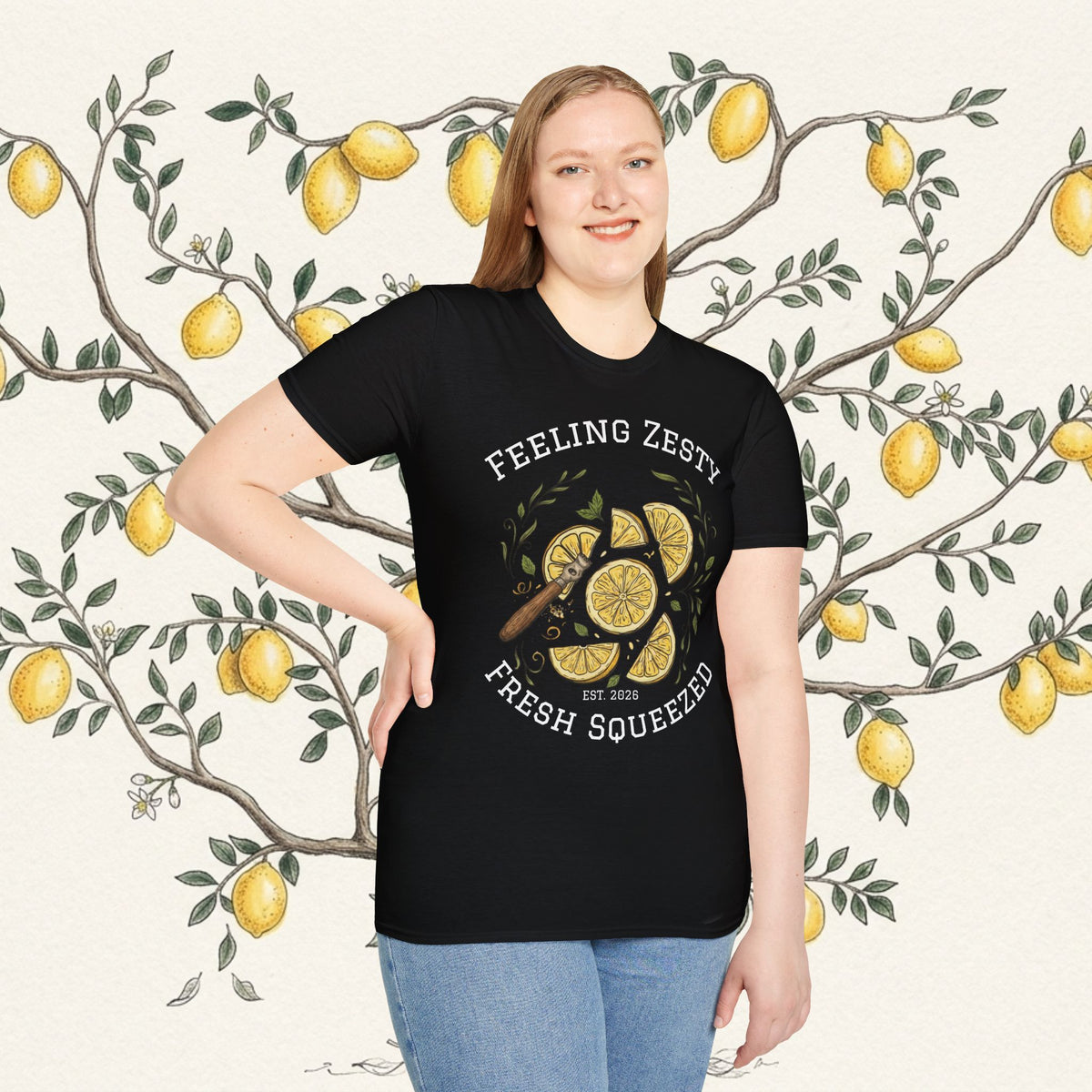 Black lemon slice graphic tee with green leaf and citrus print, short sleeves