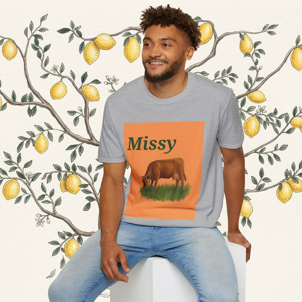Dark brown cow graphic T-shirt with orange square print, short sleeves, crew neck