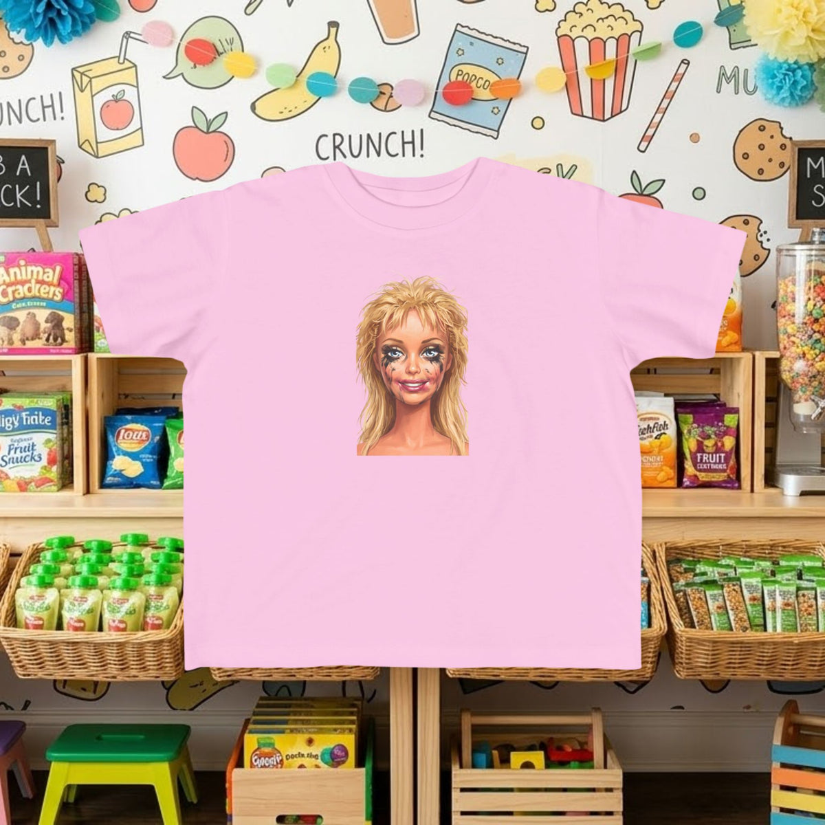 Light pink toddler tee with smudged doll face graphic print on front