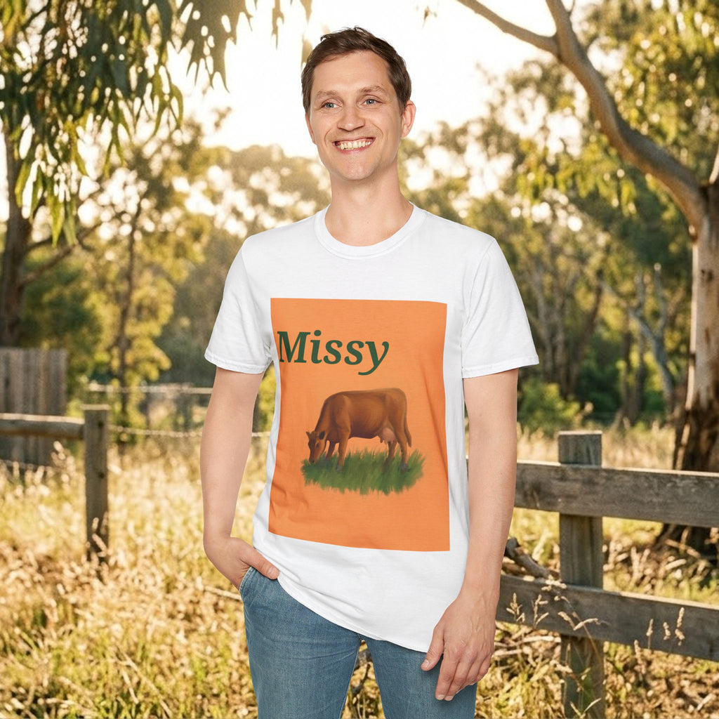 White cow graphic t-shirt with 'Missy' and grazing cow artwork, front view