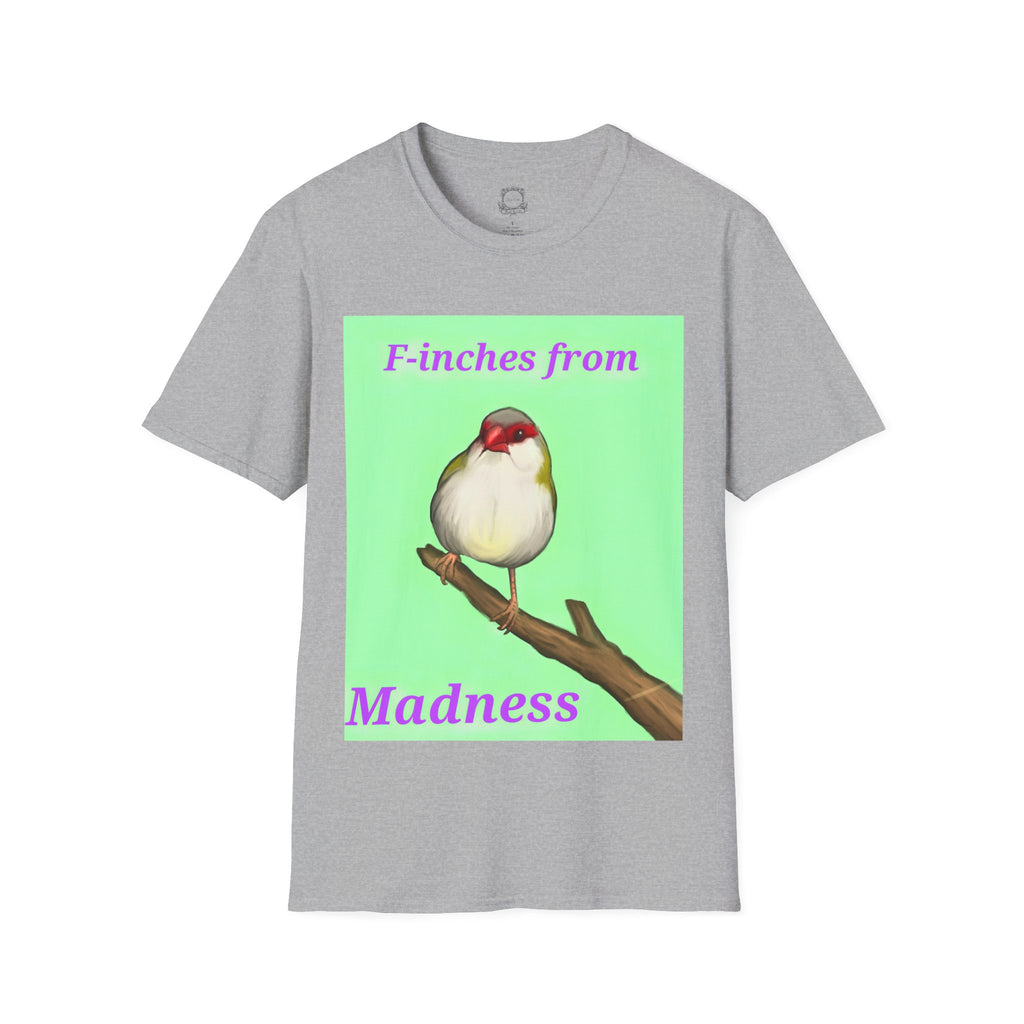 Heather gray T-shirt with red-and-white bird graphic and pink “Madness” text