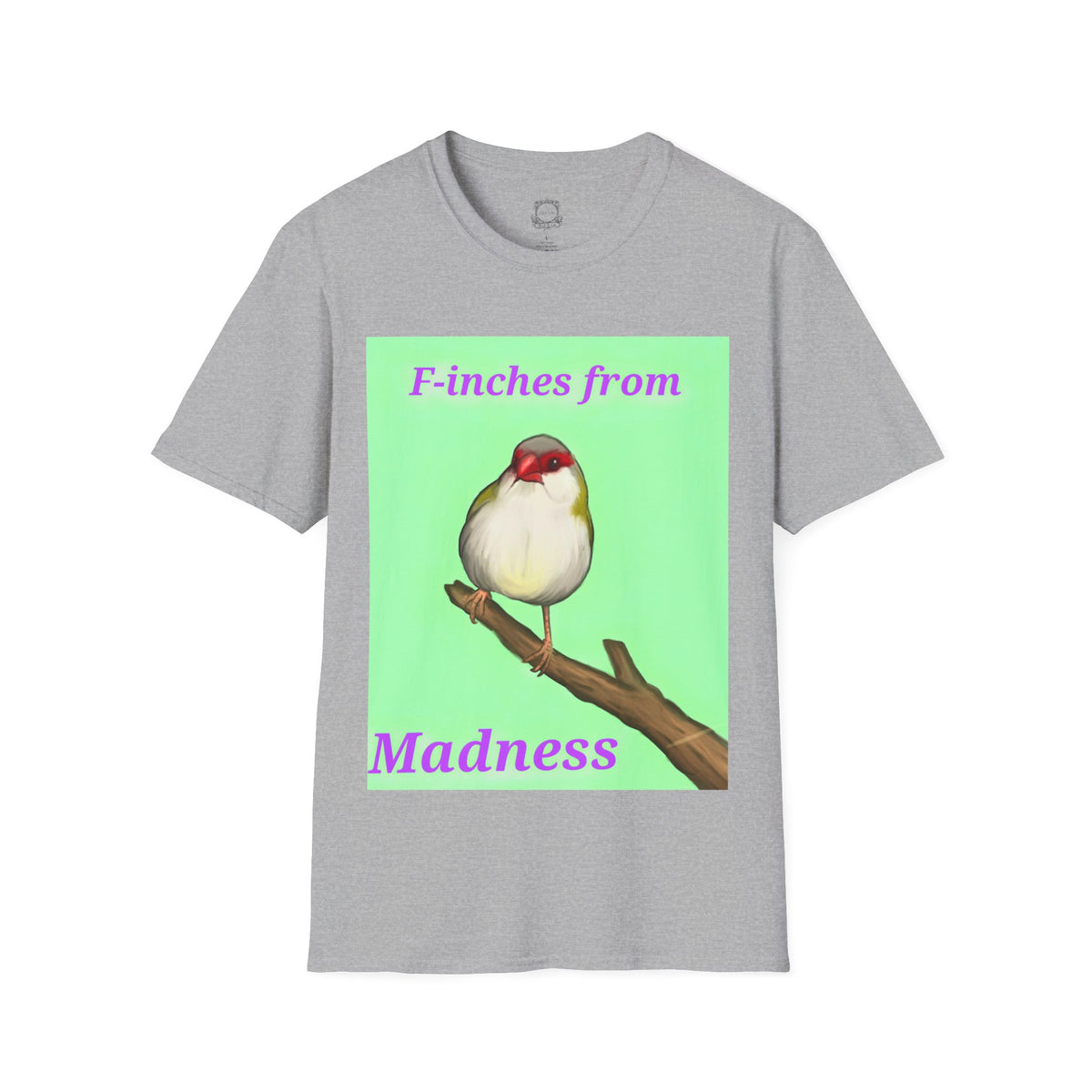 Heather gray T-shirt with red-and-white bird graphic and pink “Madness” text