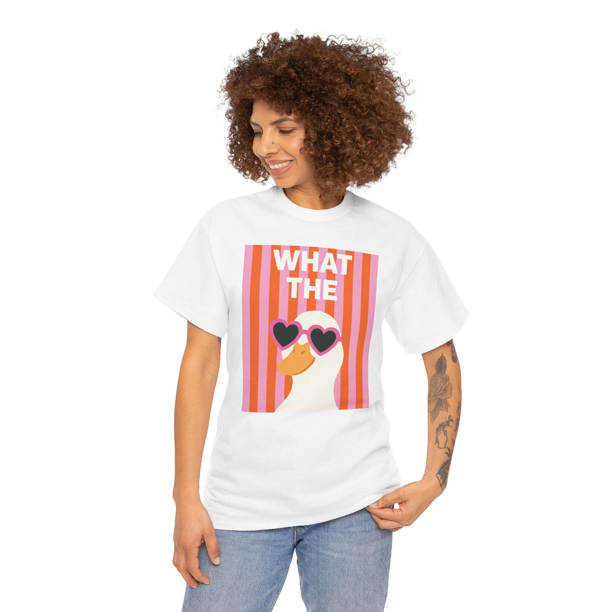 White crew-neck graphic T-shirt with retro heart sunglasses front print on model