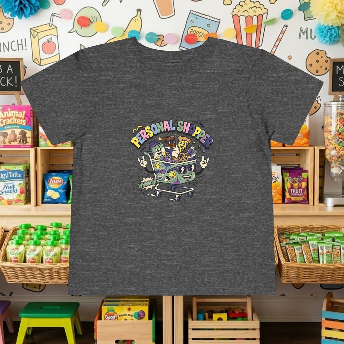 Dark gray toddler tee with colorful shopping cart graphic and “Personal Shopper” text