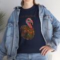 Navy Get Stuffed turkey graphic tee under a light denim jacket; front “Get Stuffed.”