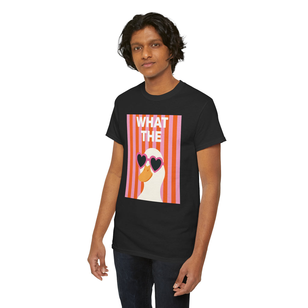 Black graphic tee side view with centered retro heart sunglasses striped face front
