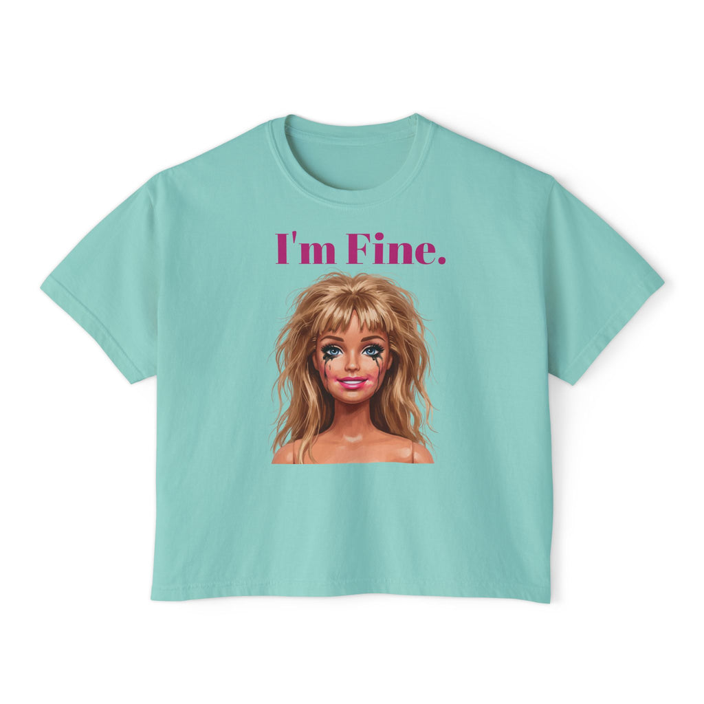 Boxy mint teal graphic tee with “I’m Fine.” text and doll face portrait print