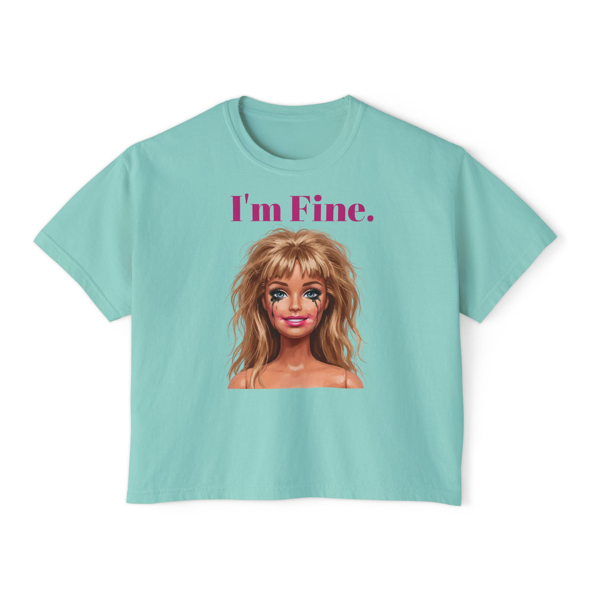 Boxy mint teal graphic tee with “I’m Fine.” text and doll face portrait print