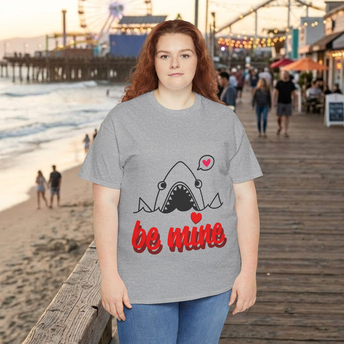 Gray graphic shark T-shirt with red "be mine" text and heart accents