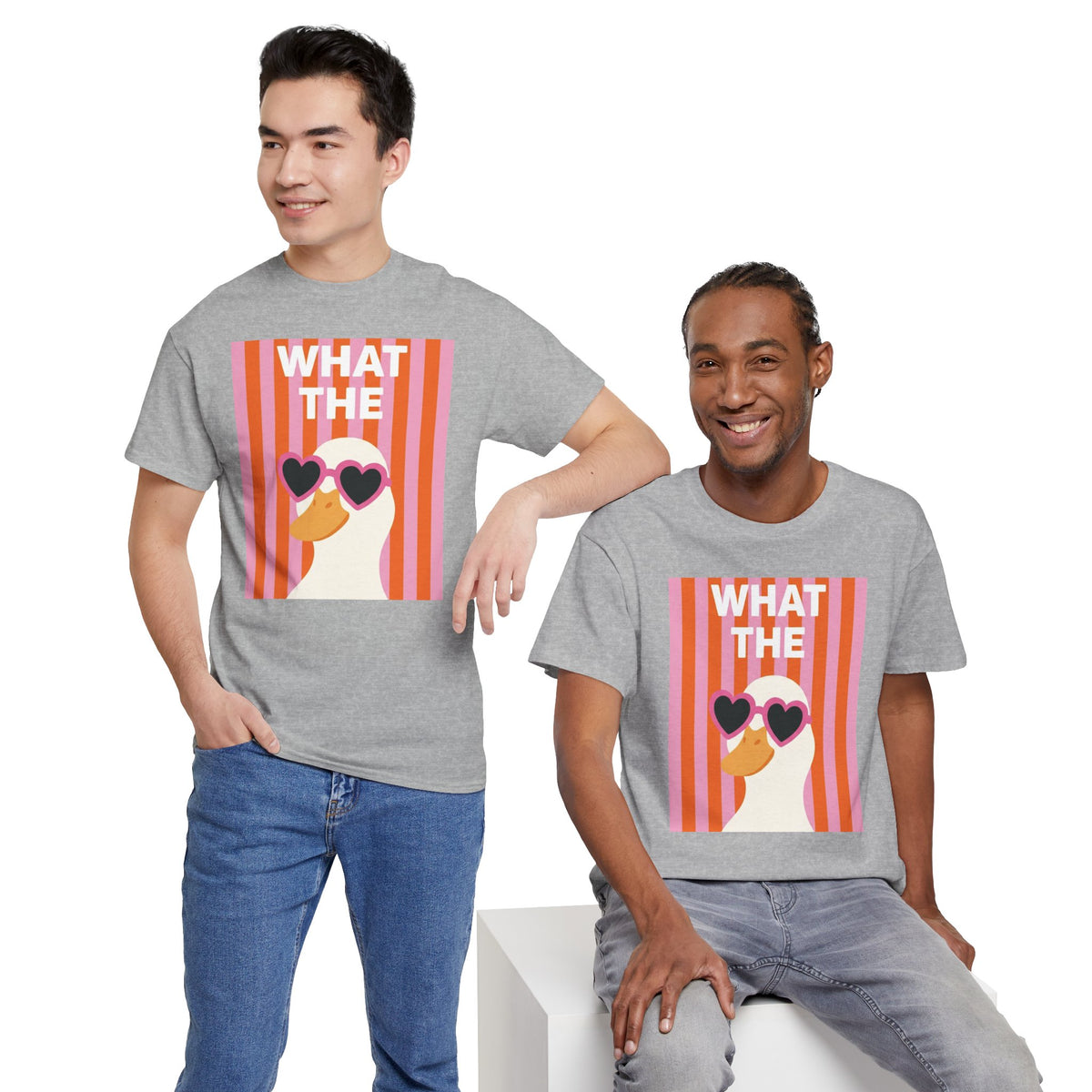 Heather gray unisex graphic tee with “WHAT THE” text and heart sunglasses portrait print.