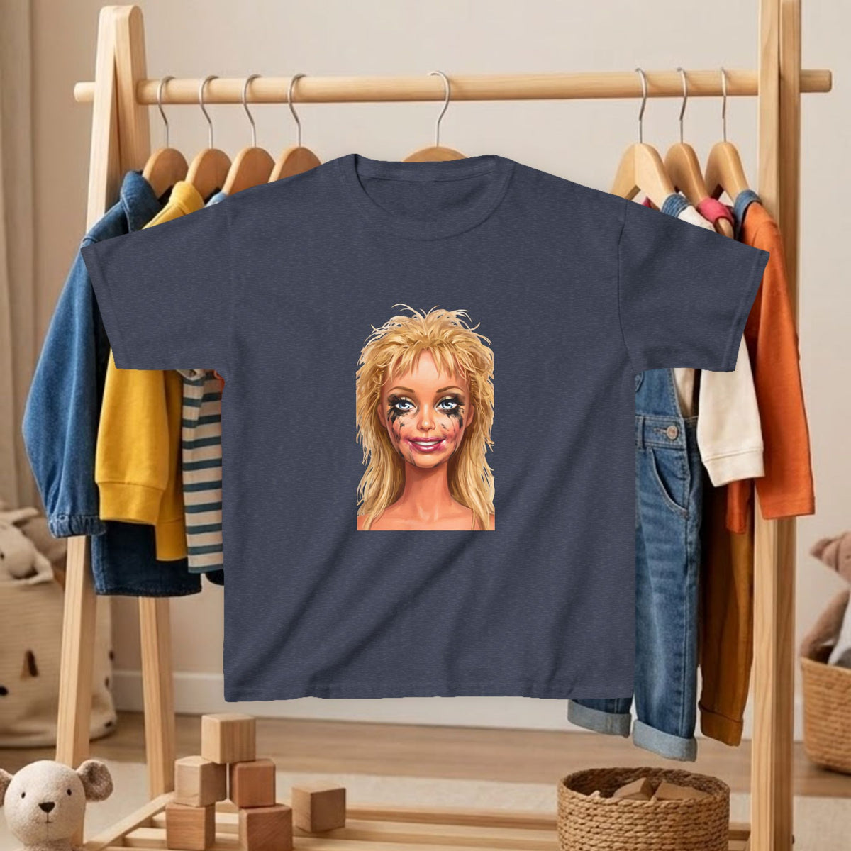 Dark navy kids T-shirt with blonde doll portrait graphic on front