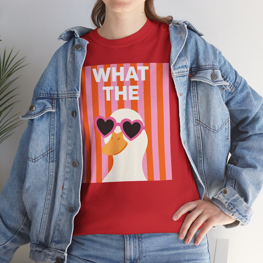 Red unisex crewneck T-shirt with “WHAT THE” heart sunglasses woman graphic