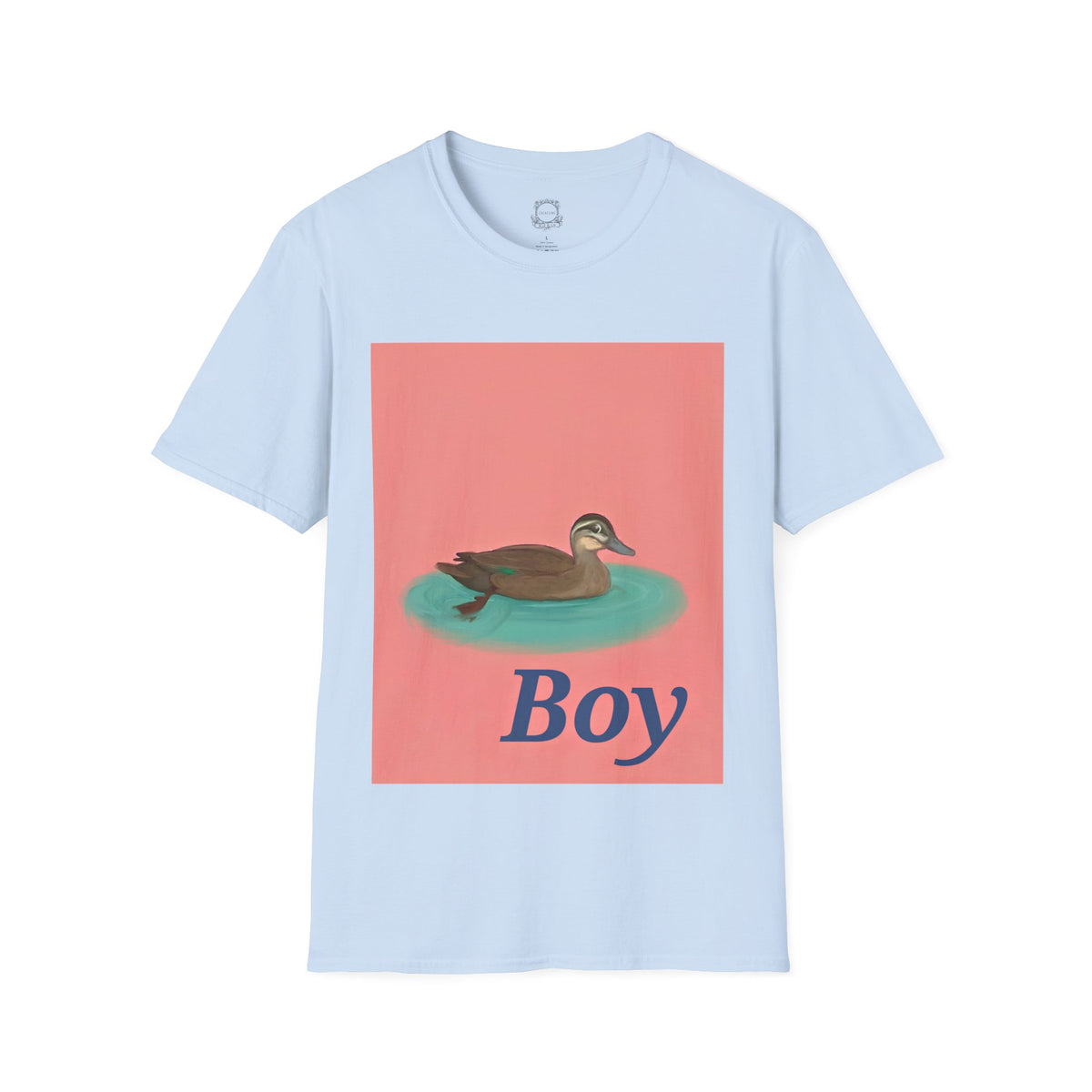 Light blue crew-neck t-shirt with square duck-on-water graphic and 'Boy' text.