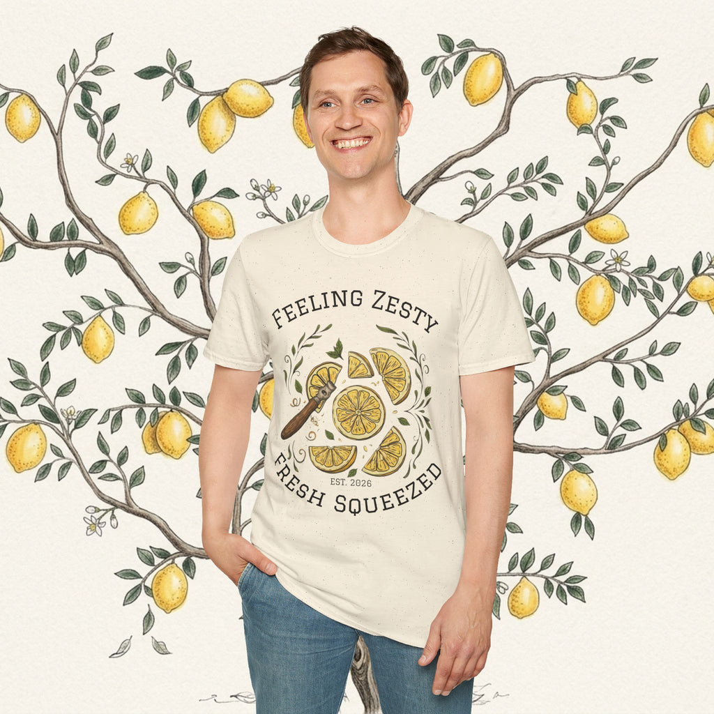 Light cream crew-neck graphic tee with lemon slice illustration and zesty citrus text