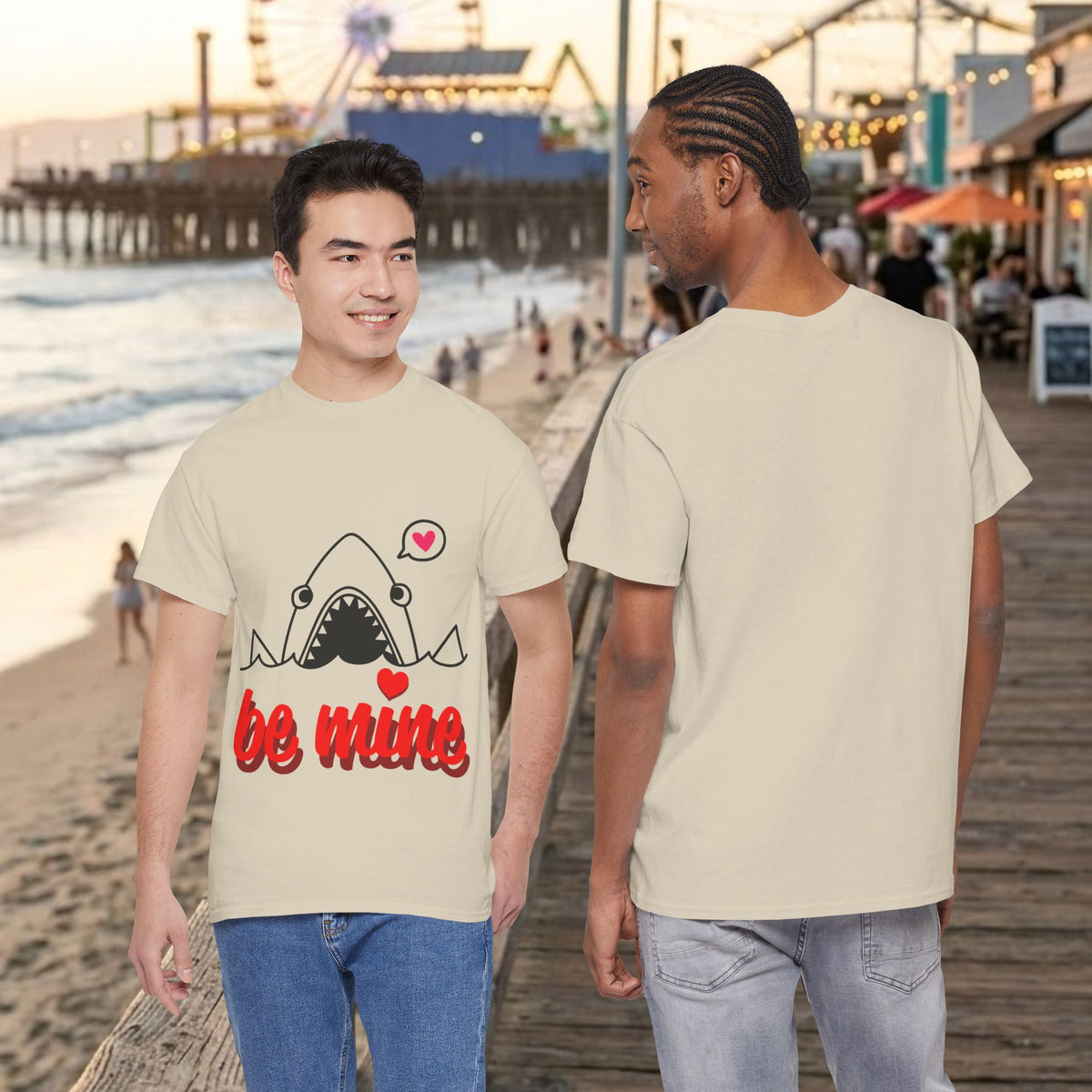 Beige T-shirt with shark graphic and 'be mine' text, crew neck