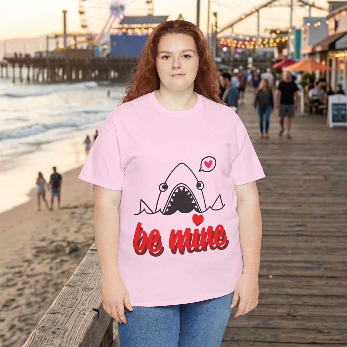 Light pink graphic shark T-shirt with 'be mine' and heart eyes