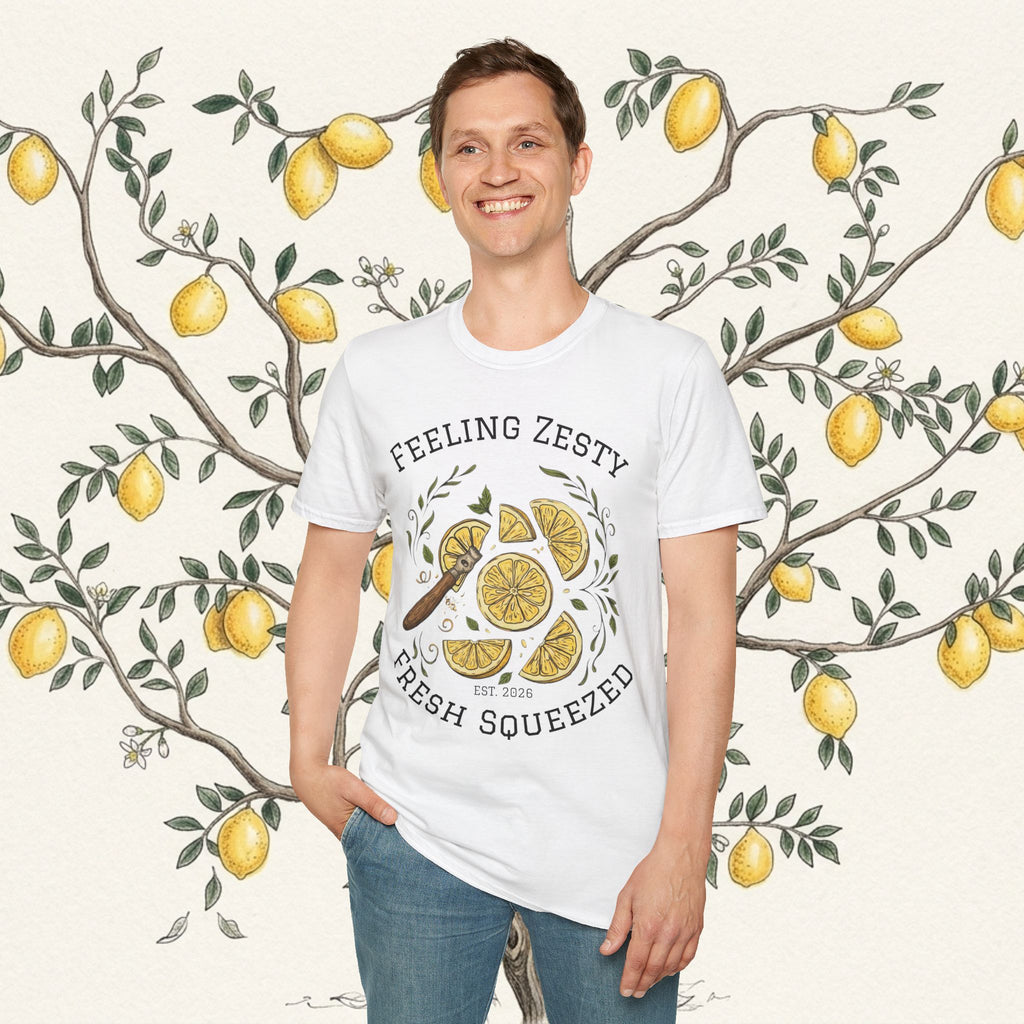 White graphic tee worn by person with lemon slice artwork and "Feeling Zesty" text