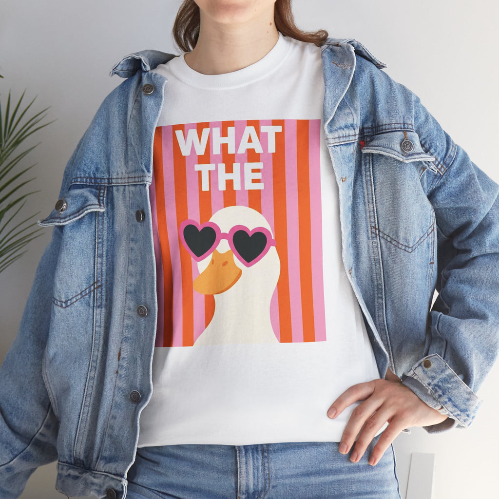 White cotton graphic tee with large 'WHAT THE' retro heart sunglasses graphic